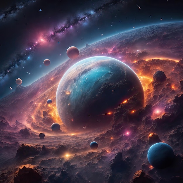 Ein surrealistischer Planet in der Weite des Weltraums, umgeben von einer glänzenden Reihe von Sternen, Kometen und Milch.