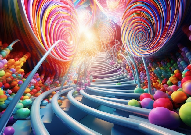 Ein surrealistisches Bild einer Zuckerstangengasse, die sich in einen wirbelnden Wirbel aus Farben und Formen verwandelt T