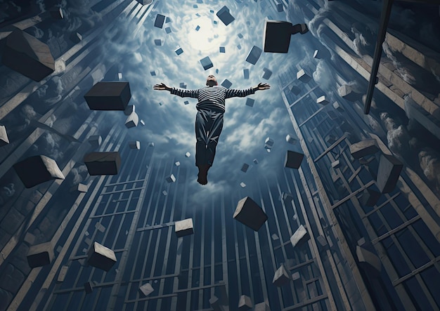 Ein surrealistisches Bild eines Gefängniswärters, der in der Luft schwebt, umgeben von schwebenden Gefängnisgittern