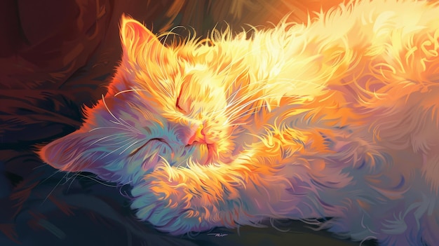 Ein surrealistisches Gemälde einer Katze, die in einem warmen Sonnenlicht schläft