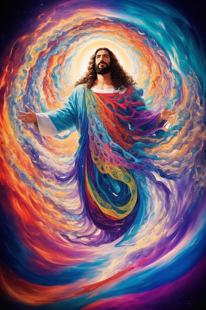 Ein surrealistisches Gemälde von Jesus Christus, umgeben von einem wirbelnden Wirbel aus leuchtenden Farben