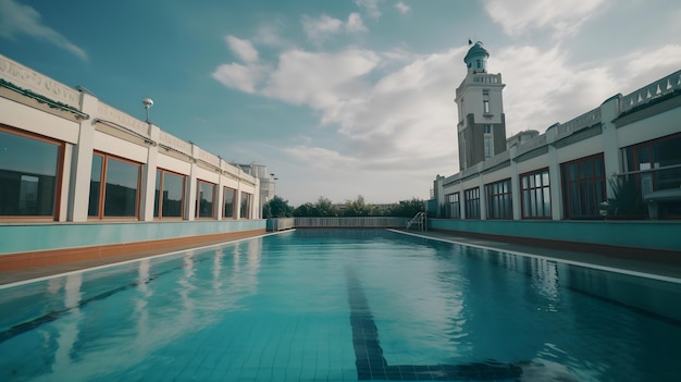 Ein Swimmingpool mit einem Glockenturm im Hintergrund