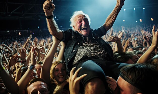 Foto ein symbiotischer tanz entfaltete sich zwischen dem darsteller und der menge, als sie auf den wellen der aufregung durch das crowd surfen beim hochenergetischen konzert designe fuhren.