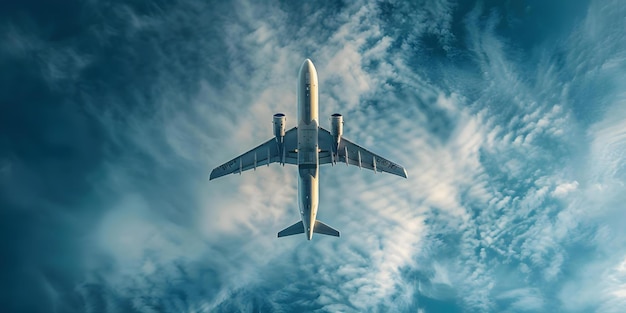 Ein Symbol der Freiheit Ein großes Flugzeug, das durch einen ruhigen blauen Himmel fliegt Konzept Freiheit Flugzeug Blauer Himmel ruhiges Symbol