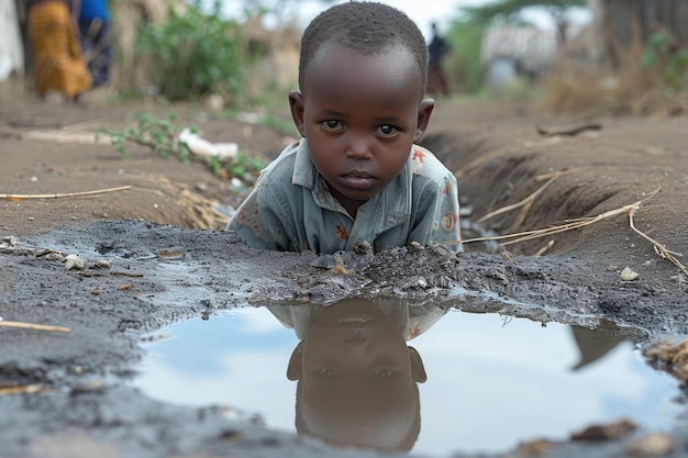 Ein Symbol des Wassermangels in der Welt Ein afrikanischer Junge in der Nähe einer Pfütze in Afrika