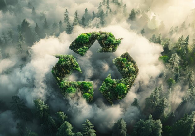 Ein Symbol für Recycling inmitten von üppigem Grün, das umweltfreundliche Praktiken und ein nachhaltiges Leben symbolisiert