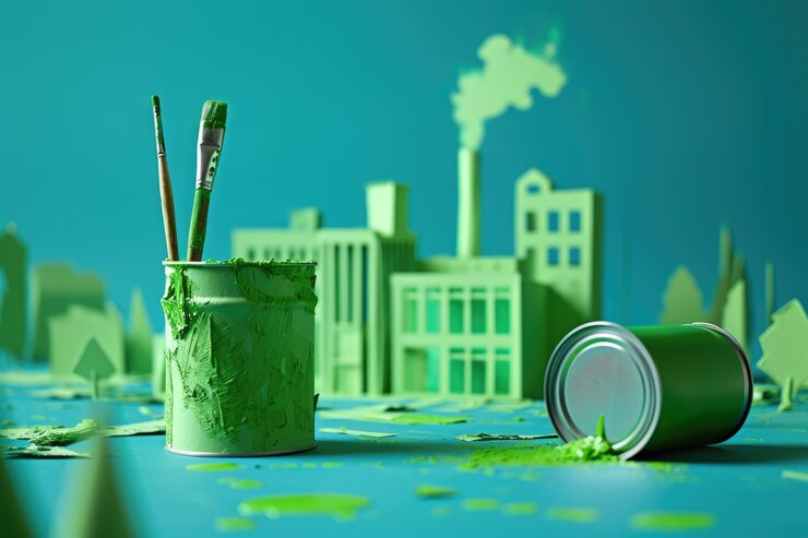 Foto ein symbolisches bild zeigt eine grüne fabrik aus ausgeschnittenem papier, etwas frisch bemaltes grün, das greenwashing symbolisiert, wo unternehmen fälschlicherweise umweltfreundlich erscheinen.