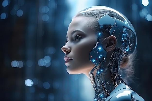 Ein symbolisches Konzeptbild von KI-Technologie, die durch generative KI mit einem menschlichen Roboterhirn verschmolzen wird