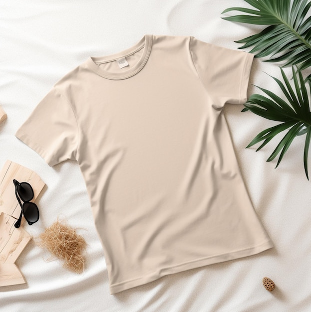 Ein T-Shirt mit der Aufschrift „T-Shirt“ liegt auf einem Beet mit einer Pflanze und einer Sonnenbrille.