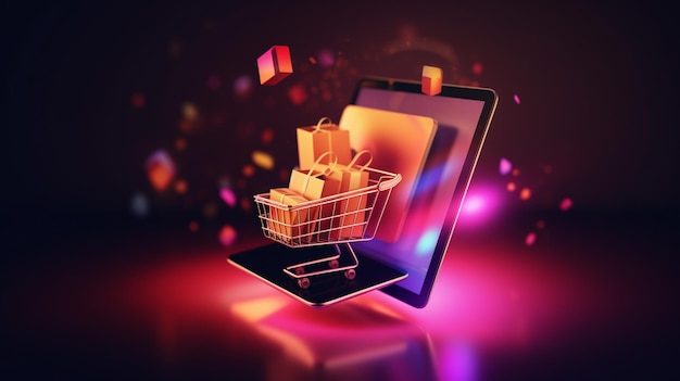 Ein Tablet mit einem Einkaufswagen darin, auf dem „Online-Shopping“ steht.
