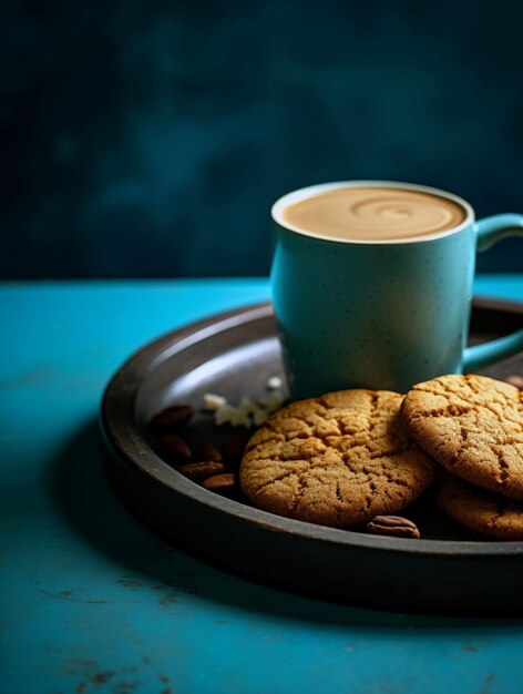 Foto ein tablett kekse und eine tasse kaffee sitzen auf einem blauen tisch