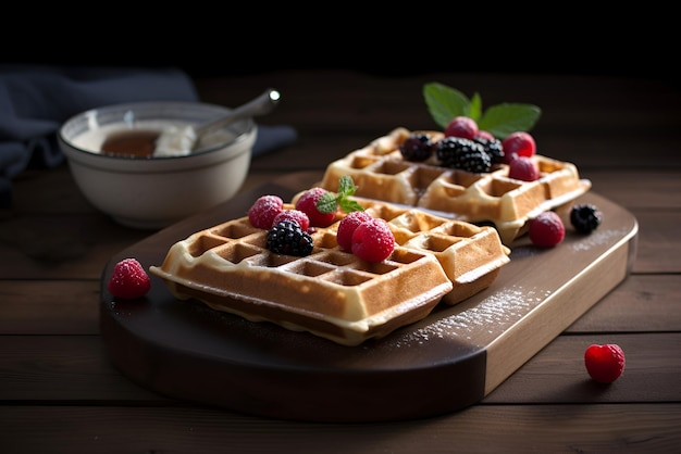 Ein Tablett mit belgischen Waffeln und frischen Beeren, Himbeeren und Brombeeren. Generierte KI