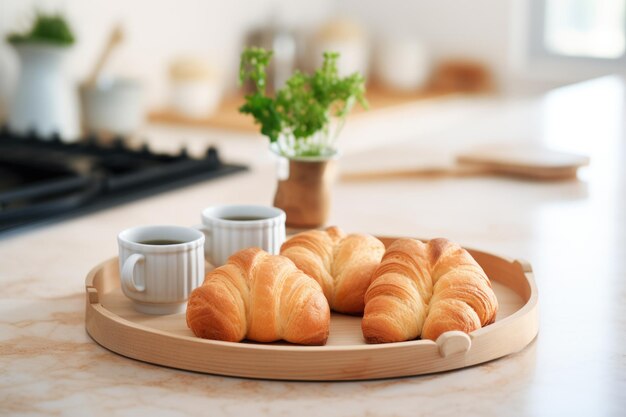 Ein Tablett mit Croissanten auf der Küchenplatte