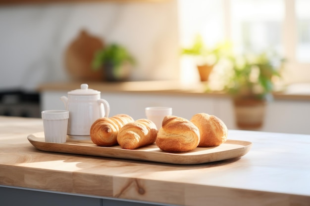 Ein Tablett mit Croissanten auf der Küchenplatte