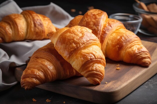 Ein Tablett mit Croissants auf einem Tisch mit einem Glas Croissants darauf