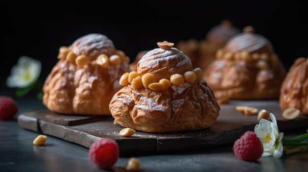 Ein Tablett mit Croissants mit einer roten Himbeere darauf