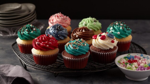 Ein Tablett mit Cupcakes in verschiedenen Farben darauf