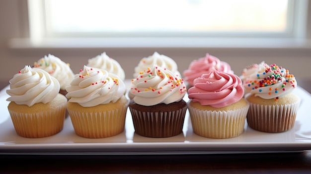 Ein Tablett mit Cupcakes mit rosa Glasur und Sprinkles darauf.