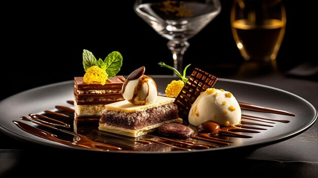 Foto ein tablett mit desserts mit einem glas wein und einem glas mit einem getränk im hintergrund.