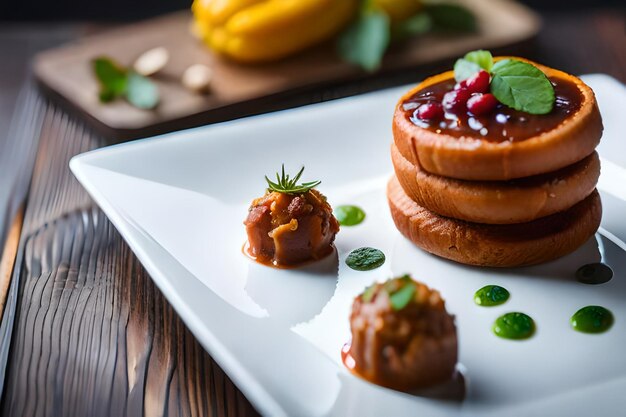 ein Tablett mit Desserts mit einem Holztisch und einem Schild, auf dem steht: "Beste Desserts"