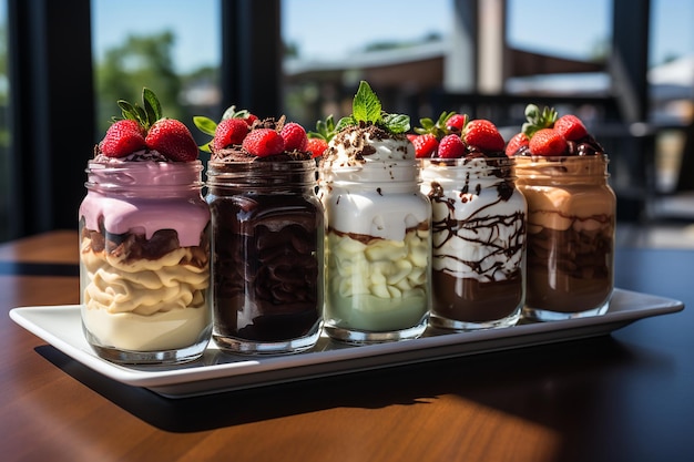 Ein Tablett mit Desserts mit Erdbeeren und Sahne.