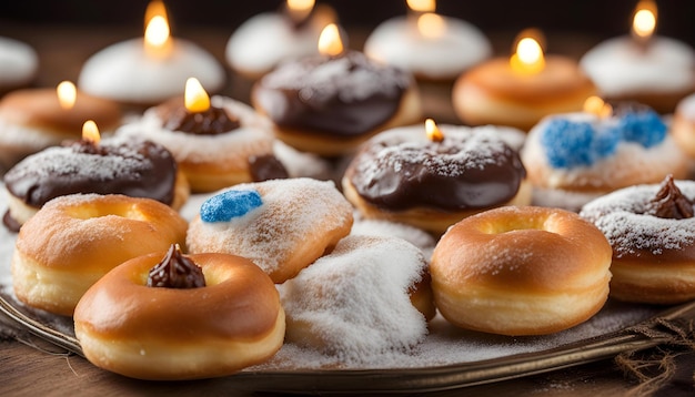 ein Tablett mit Donuts mit einer angezündeten Kerze in der Mitte