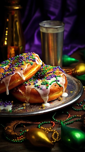 ein Tablett mit Donuts mit Streuseln und einer Flasche Bier.