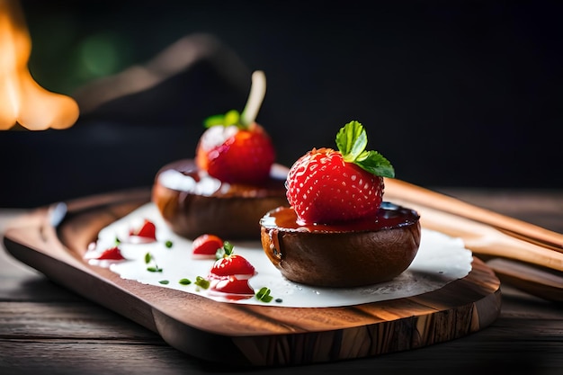 ein Tablett mit Erdbeeren mit einem Holzbrett, auf dem ein Teller mit Erdbeeren liegt.