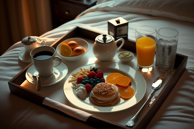 Ein Tablett mit Essen, darauf eine Tasse Kaffee und ein Teller mit Essen.