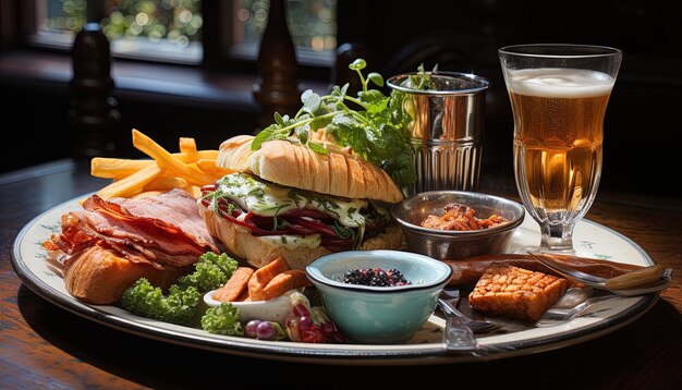 Foto ein tablett mit essen, darunter ein sandwich mit pommes frites und ein getränk