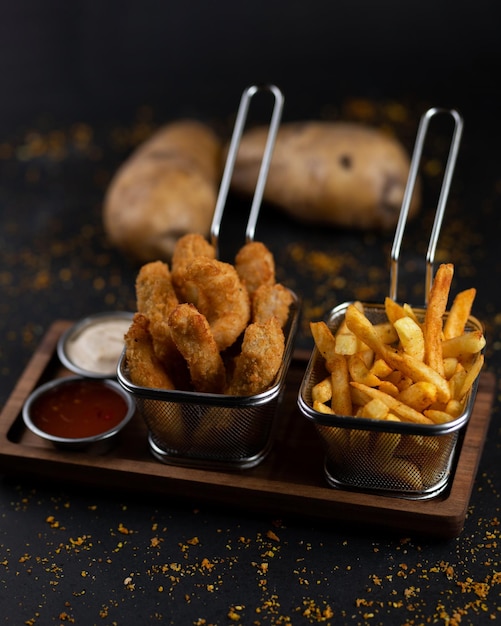 Ein Tablett mit Essen mit Pommes und Saucen darauf