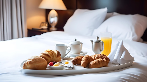 Ein Tablett mit Frühstückszutaten mit Croissants und Orangensaft auf einem Bett.