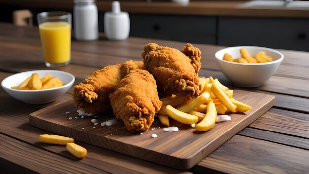 ein Tablett mit gebratenen Hühnerfriesen und Pommes Frites auf einem Holzbrett