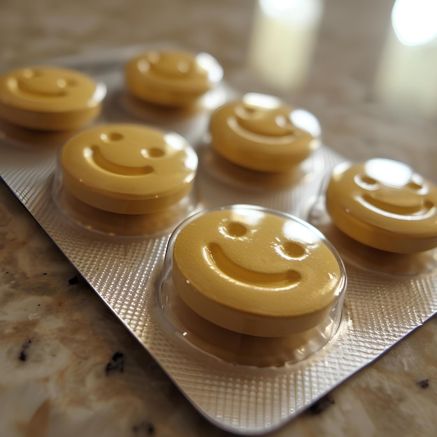 Ein Tablett mit gelben Smiley-Kuchen auf einer Tischplatte mit weißem Hintergrund und weißem Licht