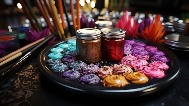 Ein Tablett mit lila und blauen Blumen mit dem Wort „ darauf.