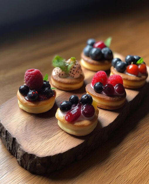 Ein Tablett mit Mini-Desserts mit verschiedenen Früchten darauf