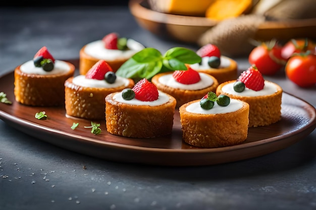 ein Tablett mit Mini-Kuchen mit Erdbeeren und Creme-Käse-Glasur.