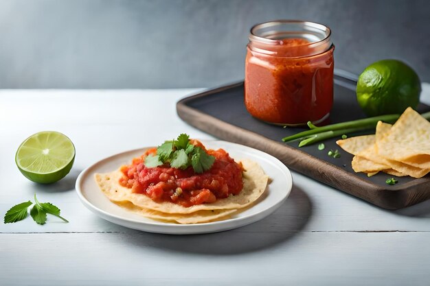 Ein Tablett mit Nachos mit Salsa und Salsa auf einem Tisch.