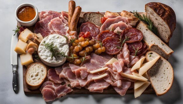 ein Tablett mit Nahrungsmitteln, einschließlich einer Vielzahl verschiedener Arten von Fleisch und Käse