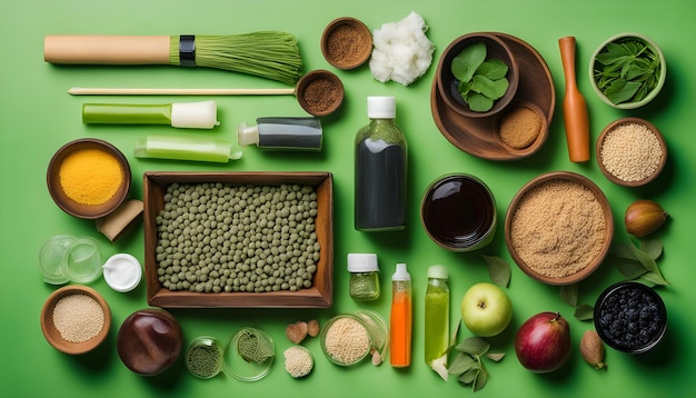 ein Tablett mit Nahrungsmitteln, einschließlich Gemüse, Kräutern und Gewürzen