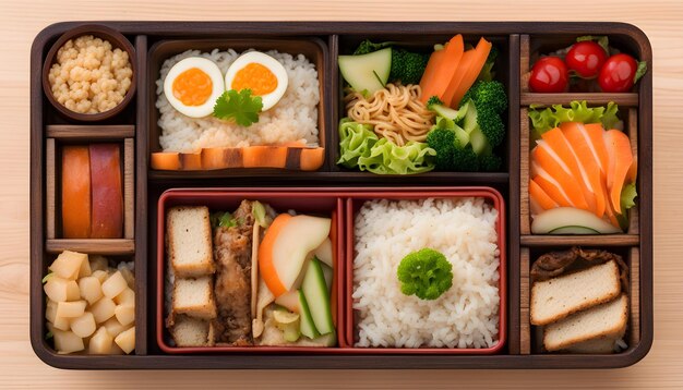 ein Tablett mit Nahrungsmitteln, einschließlich Reis, Reis und Gemüse