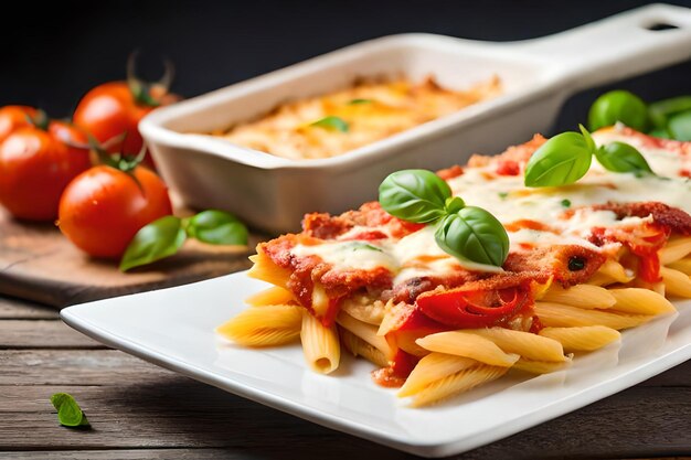 ein Tablett mit Nudeln mit Tomaten und Basilikum darauf