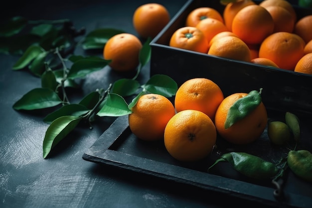 Ein Tablett mit Orangen mit Blättern darauf