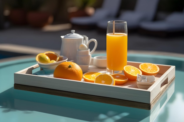 Ein Tablett mit Orangensaft und ein Glas Orangensaft.
