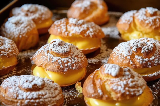 Foto ein tablett mit puffgebäck mit viel zuckerpulver darauf.