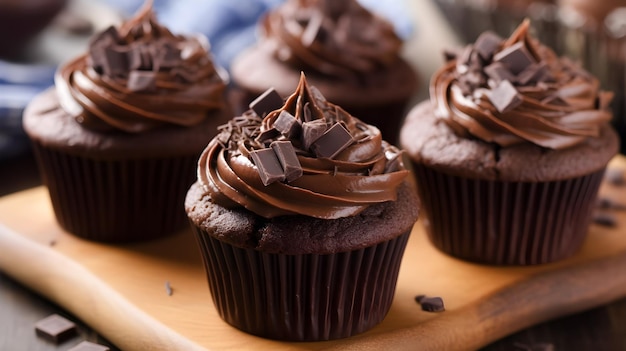 Ein Tablett mit Schokoladen-Cupcakes mit Schokoladenglasur und Schokoladenraspeln.