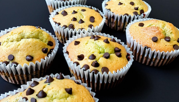 Ein Tablett mit Schokoladenstückchen-Muffins mit Schokoladenstückchen oben drauf