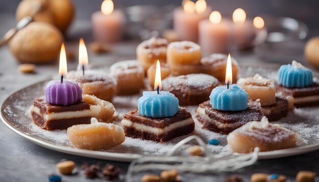 ein Tablett mit Süßigkeiten mit Kerzen und eine Kerze, auf der es Donuts steht