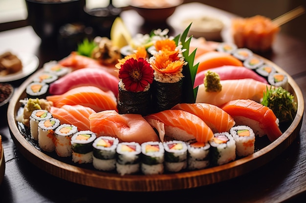Ein Tablett mit Sushi mit verschiedenen Arten von Sushi