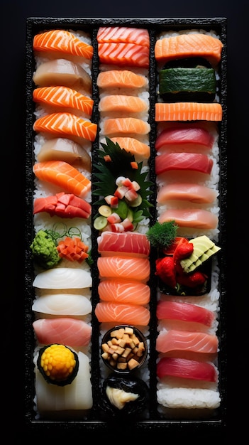 Ein Tablett mit Sushi mit verschiedenen Sashimi-Sorten.